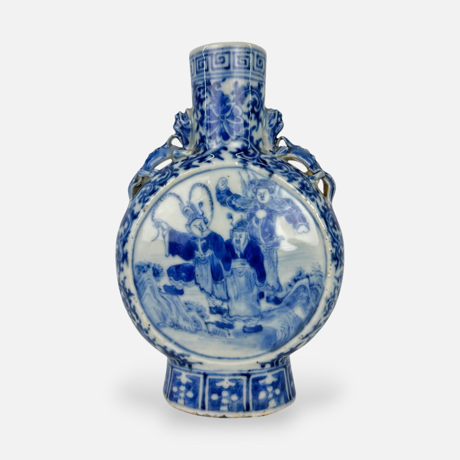 Antique Chinese Blue and White Porcelain Moon Flask #1: Good overall condition, with shown surface discoloration, minor surface roughness/dings. Please enlarge photos. Simple integrated shipping with LiveAuctioneers LiveShipping is now available. Bidders m