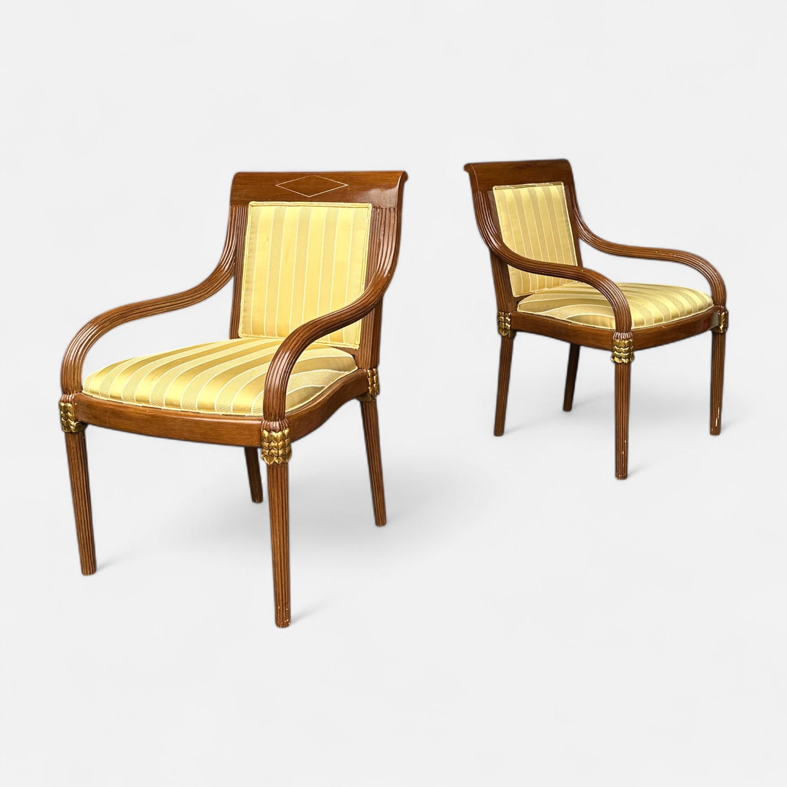 Pair Contemporary French Restoration Style Carved Hardwood Armchairs w/Gilt Accenting: Good overall condition, with minor dings consistent with use. Simple integrated shipping with LiveAuctioneers LiveShipping is now available. Bidders may still arrange their own shipping which may be m