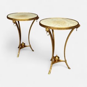 Pair Antique White Marble and Gilt Brass Gueridon Tables w/Goat Hoof Feet and Goat Head Decoration