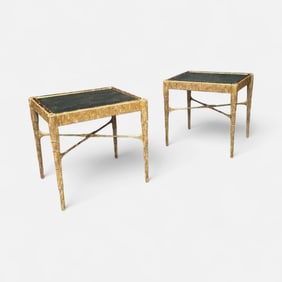 Pair Nancy Corzine Gilt Curtain Glass Top Tables