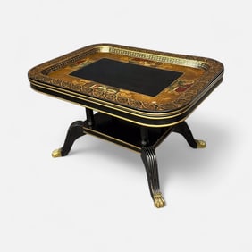 Antique Continental Paint Decorated Paper Mache Deep Table Butler's Tray w/Vignette Paintings