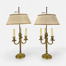 Pair French Empire Style Brass Bouillotte Candelabra 3-Light Table Lamps