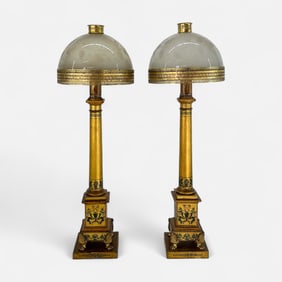 Pair Large Antique French Painted Tole, Wood & Brass Sinumbra Table Lamps