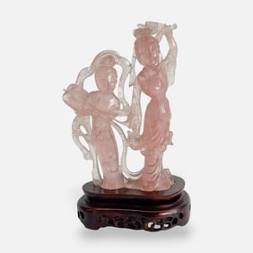 Chinese Carved Rose Quartz Sculpture on Wood Base