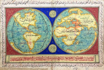 Antique 18thC Ottoman Painted Map of World Framed