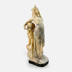 Large Antique Carved Alabaster Sculpture of Egyptian Woman and Sphinx
