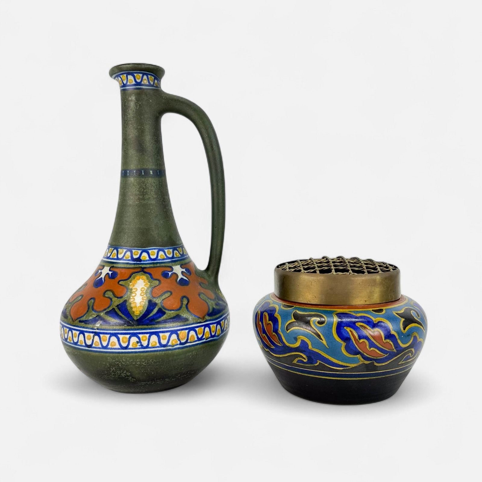 Gouda Zuid Holland Art Pottery Jug & Rosebowl/Vase: Jug measurements included in listing. Rosebowl measures approx. 4 1/4" x 5 3/4". Good overall condition. Free of any chips, cracks, or repairs. Simple integrated shipping with LiveAuctioneers LiveShip