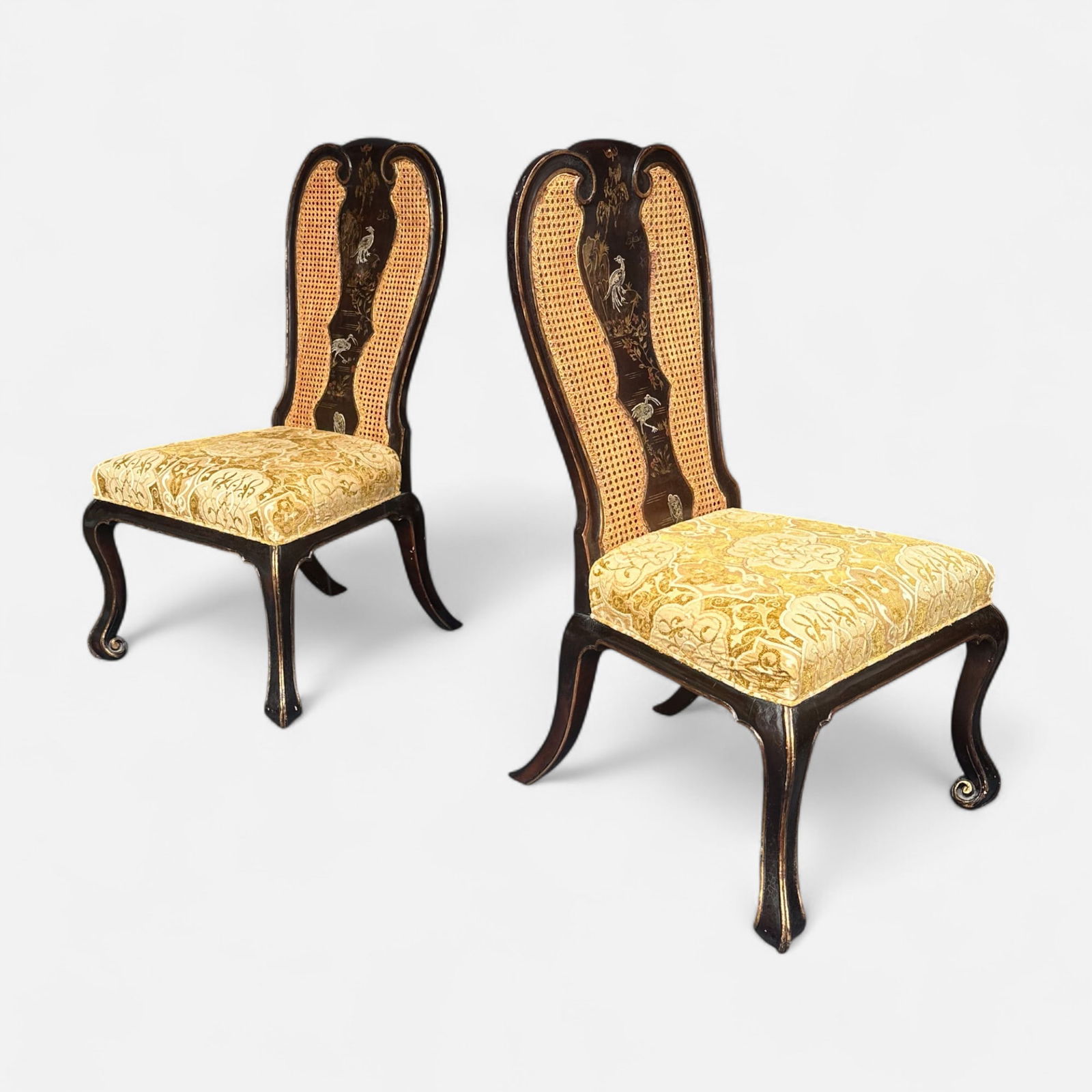 Pair Rose Tarlow Queen Anne Style Chinoiserie Lacquer & Caned Back Side Chairs: Appears free of any breaks or repairs. With intentional distressing. Approx. seat H: 20". Simple integrated shipping with LiveAuctioneers LiveShipping is now available. Bidders may still arrange their
