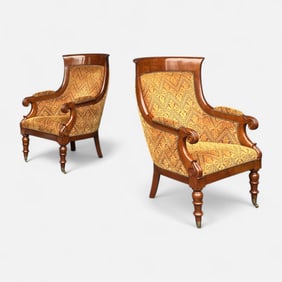 Pair Contemporary Barrel Back Velvet Upholstered Armchairs
