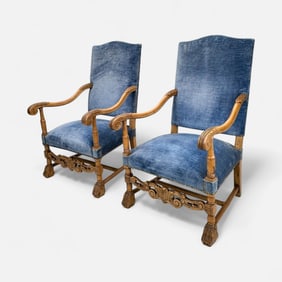 Pair Antique Heavily Carved Hardwood and Velvet Upholstered Renaissance Style Armchairs