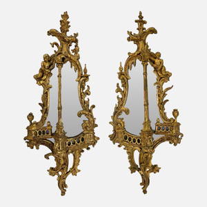 Large Mirrored Pair Antique Rococo Giltwood Girandole Wall Mirrors w/Cherubs