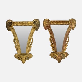 Pair Antique 19thC Carved Giltwood Rams Head Decorated Wall Mirrors