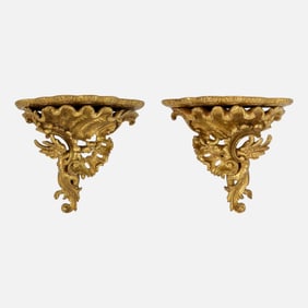 Mirrored Pair 20thC Italian Rococo Style Carved Giltwood Eagle Wall Brackets Shelves