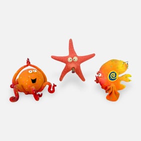 Three Steven Smeltzer Comical Sea Creature Art Pottery Sculptures Octopus, Starfish, and Angelfish
