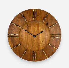 Walnut & Brass Mid Century Modern MCM Round Wood Wall Clock George Nelson Style