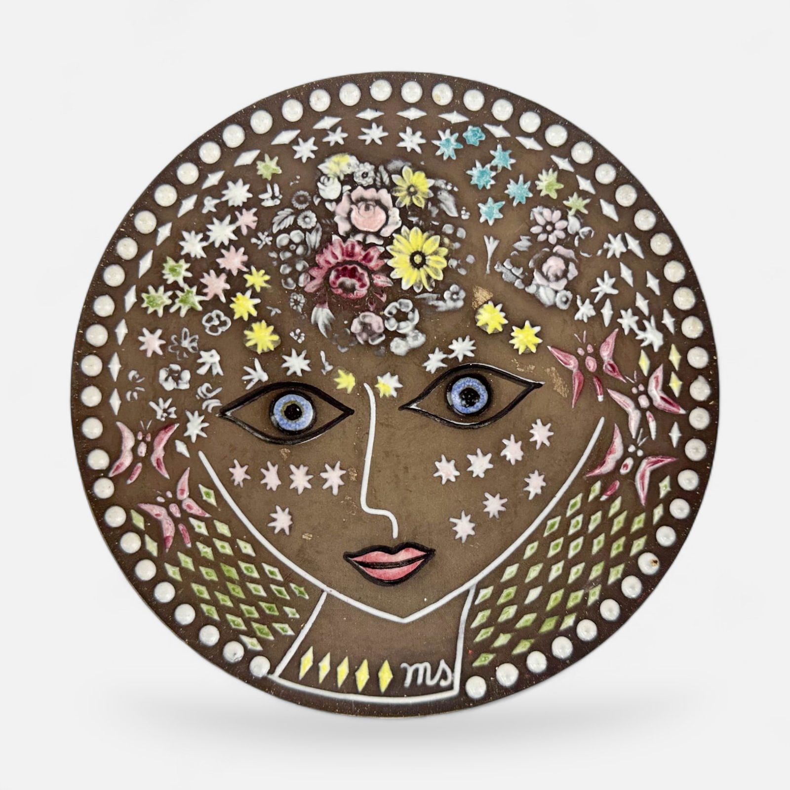 Mari Simmulson "Beata" Swedish Earthenware Wall Plaque: Good overall with paint loss. Free of any chips, cracks, or repairs. Simple integrated shipping with LiveAuctioneers LiveShipping is now available. Bidders may still arrange their own shipping which m