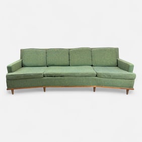 Original 1960s MCM Wood & Green Fabric Upholstered Three-Seat Sofa Widdicomb Gibbings Style