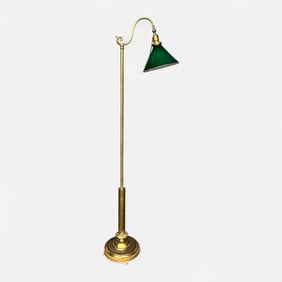Antique Early 20thC Brass Library Floor Lamp w/Cased Green & White Glass Student Shade