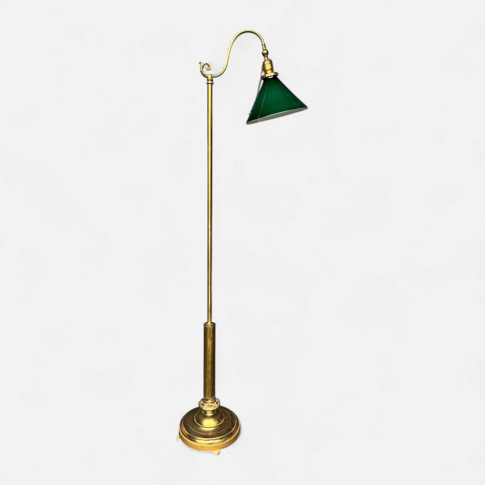 Antique Early 20thC Brass Library Floor Lamp w/Cased Green & White Glass Student Shade (1 of 9)
