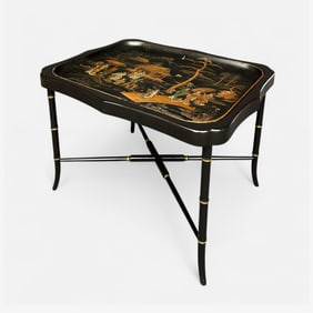 Antique Japanese Lacquer and Gilt Decorated Asian Tray w/Wood Table Stand