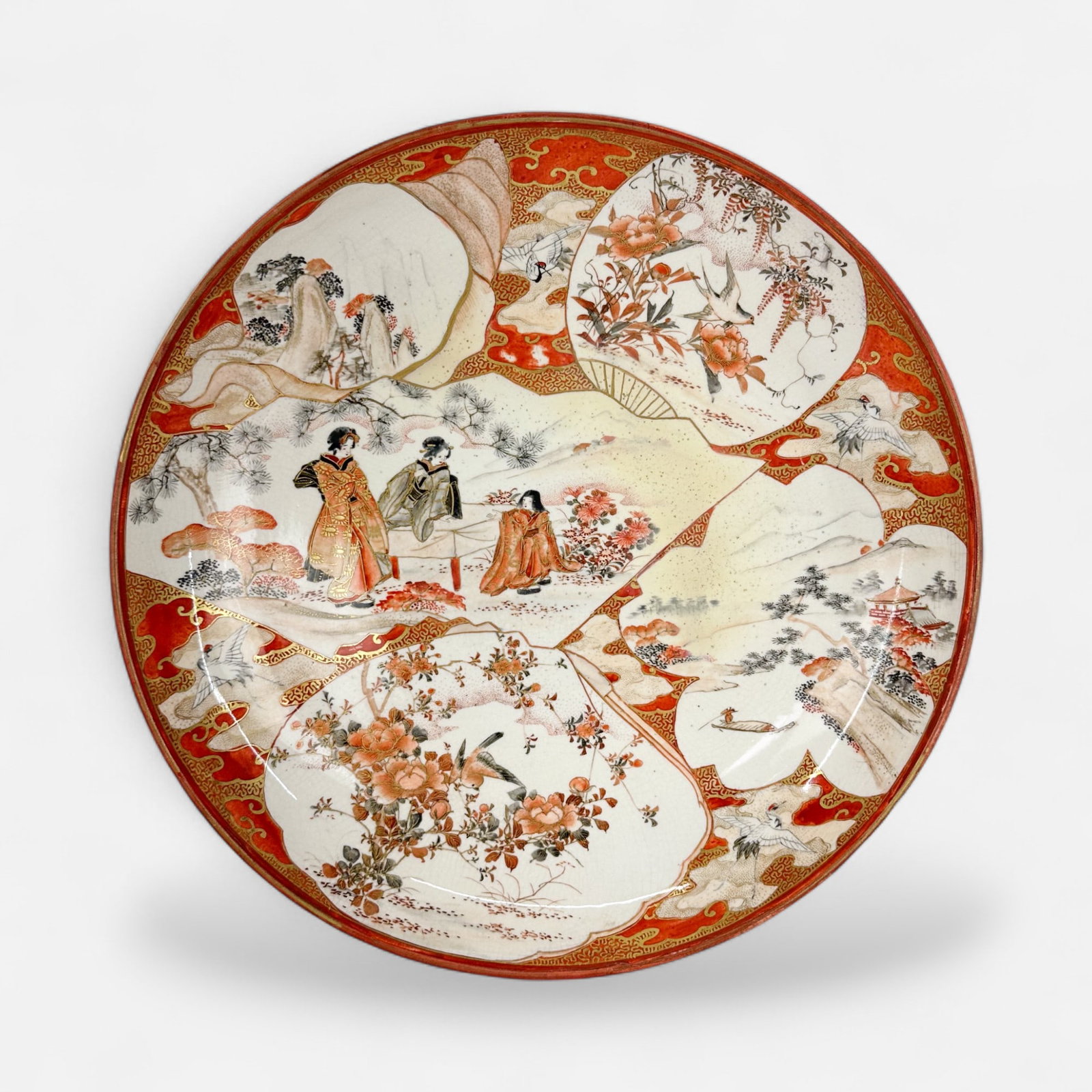 Antique Early 20thC Japanese Artist Signed Kutani Deep Charger: Good overall, with paint loss, shown firing cracks to base not impacting viewing from front. Simple integrated shipping with LiveAuctioneers LiveShipping is now available. Bidders may still arrange th