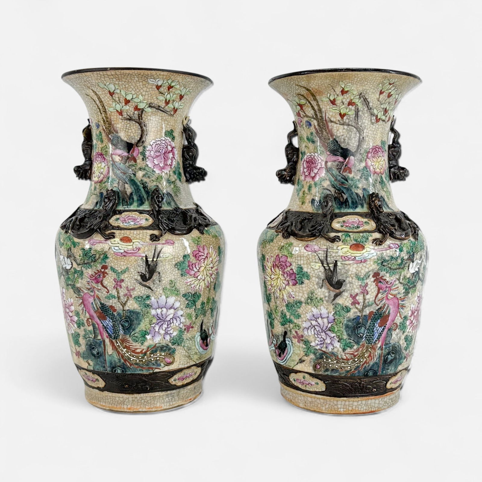 Pair Antique 19thC Chinese Qing Baluster Vases w/Applied Dragon & Foo Dog Decoration (1 of 12)