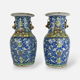 Pair Antique Chinese Famille Verte & Blue Baluster Vases w/Applied Foo Dog & Dragon Decorations