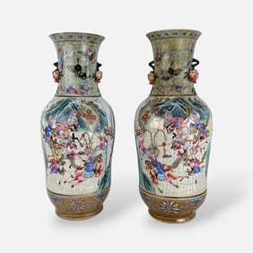 Pair Antique 19thC Chinese Qing Enamel Paint Decorated Palace Urns w/Applied Pomegranate Decoration