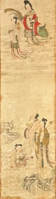 Antique 18thC Chinese Silk Scroll Framed Painting Guanyin Floating Above Royal Couple Signed w/Seal