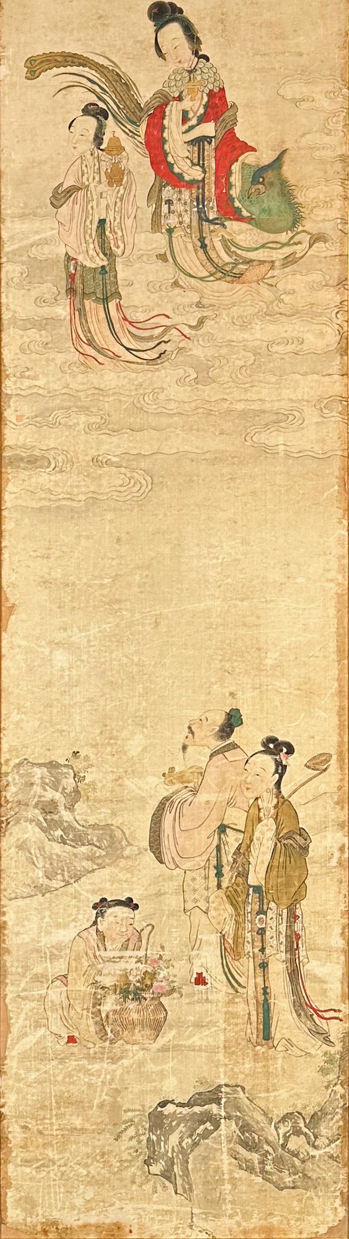 Antique 18thC Chinese Silk Scroll Framed Painting Guanyin Floating Above Royal Couple Signed w/Seal (1 of 9)