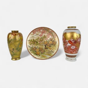 Lot of Three Fine Japanese Ceramic Signed Satsuma & Kutani Vases & Charger Plate