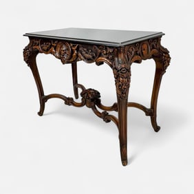 Antique Italian Carved Walnut Commedia dell'Arte Granite Top Center Table