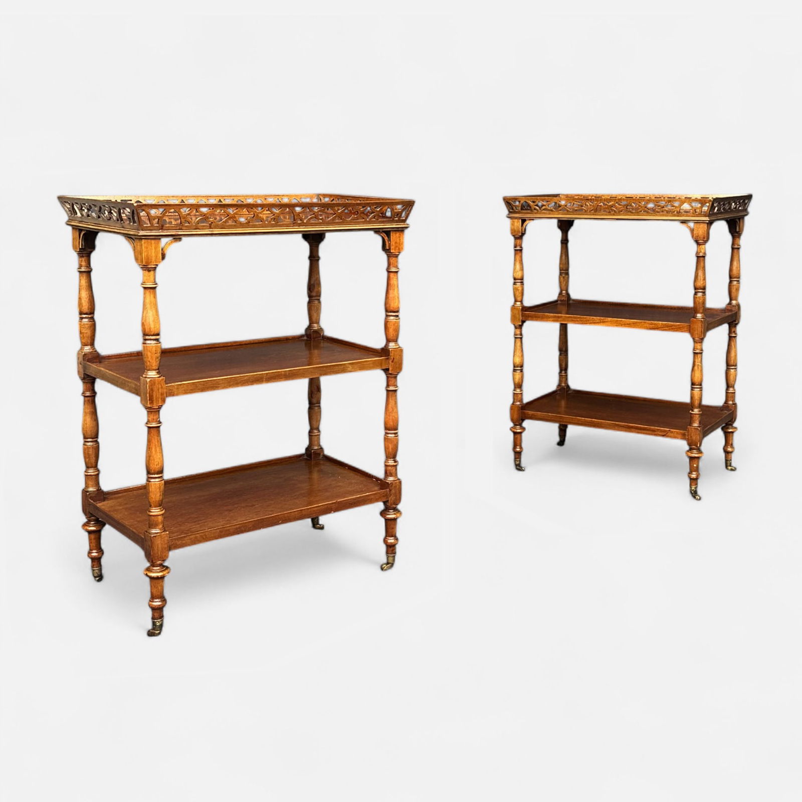 Pair Antique Mahogany Three-Tier Stands w/Casters and Pierced Gallery Tops (1 of 13)