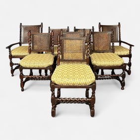 Eight Antique 18thC Barley Twist Cane Back Dining Chairs