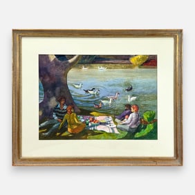 Millard Sheets "Picnic In the Park" 1981 Large Watercolor on Paper Framed Painting