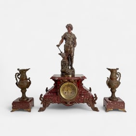 Antique Bronze and Marble Clock Garniture Set