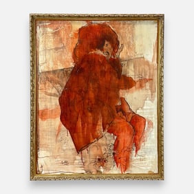 Artist Signed "Girl in Red" 1965 Original Oil on Board Framed Painting
