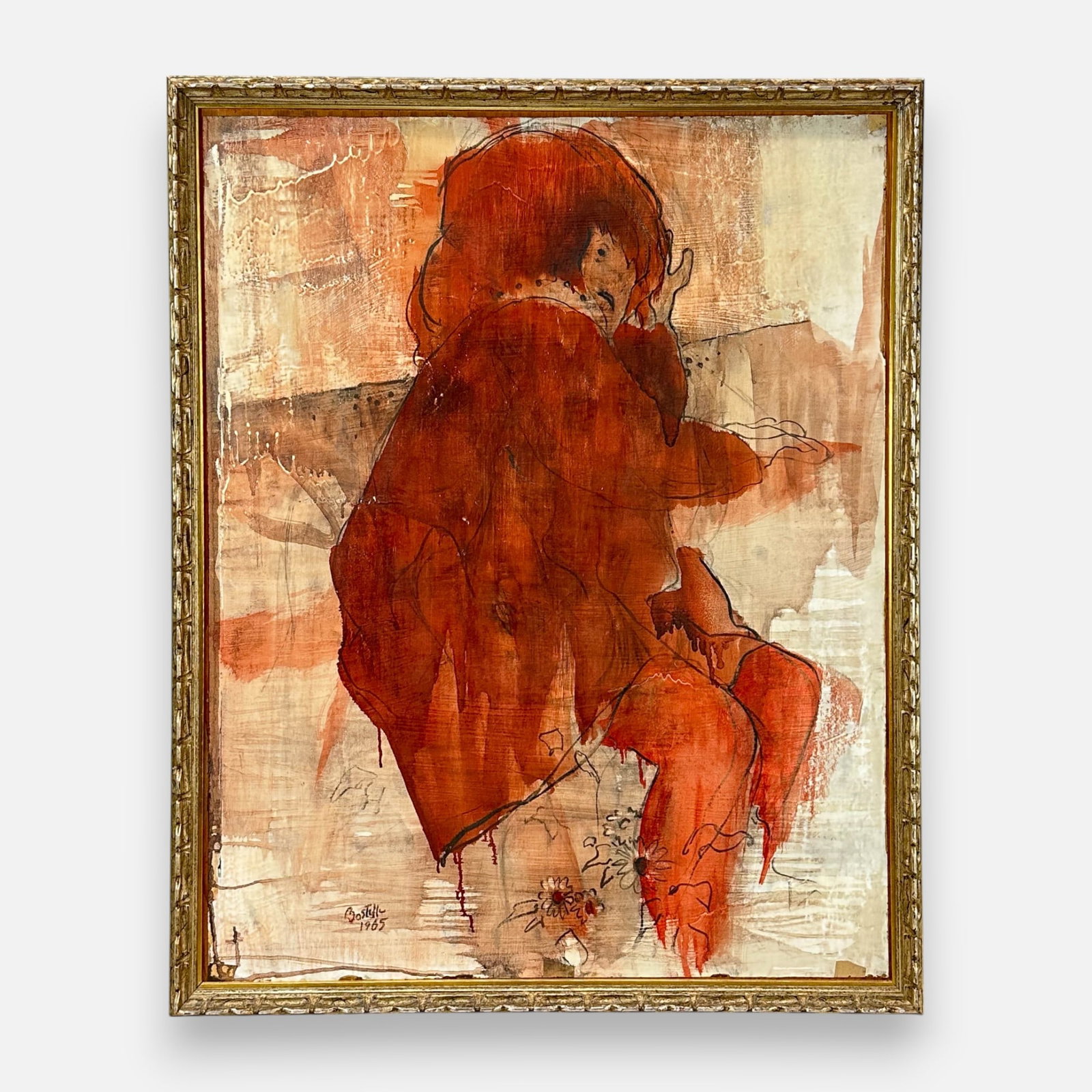 Artist Signed "Girl in Red" 1965 Original Oil on Board Framed Painting (1 of 5)