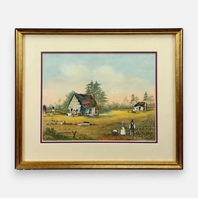 Emmie Mayberry McIntire Country Scene Gouache and Watercolor on Paper Painting Framed