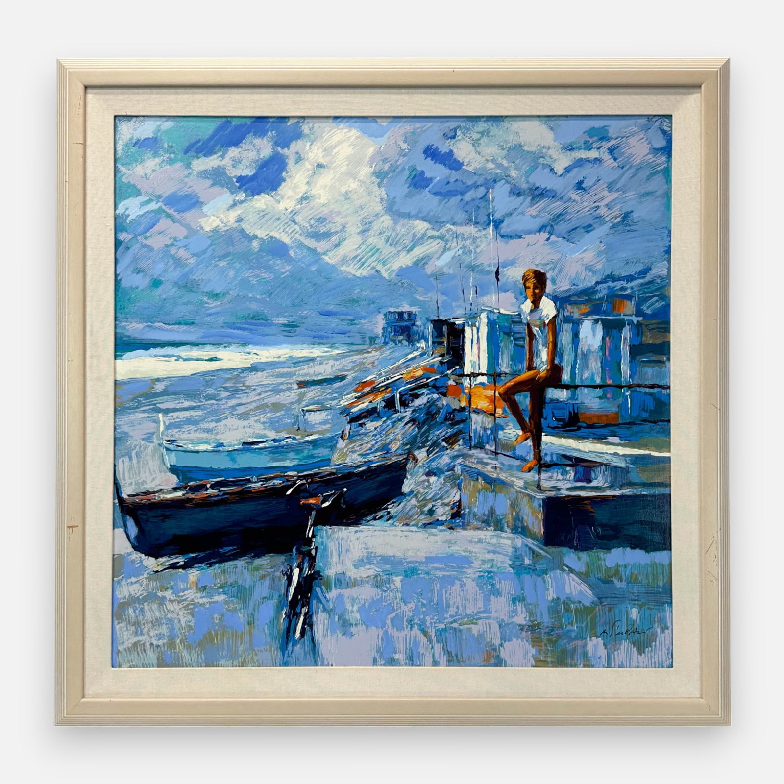 Nicola Simbari "Praia a Mare" Large Framed Print: Signed lower right of image. Approx. sight size 35" x 35". Simple integrated shipping with LiveAuctioneers LiveShipping is now available. Bidders may still arrange their own shipping which may be more