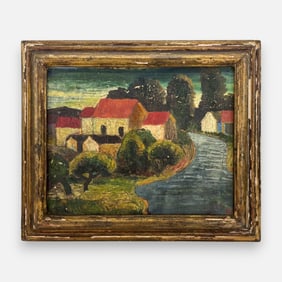 Artist Signed Impasto River Town Scene Oil on Canvas Framed Painting