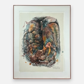 Jacqueline Crabtree 1977 Eagle Resting on Eggs Watercolor and Ink Painting Framed