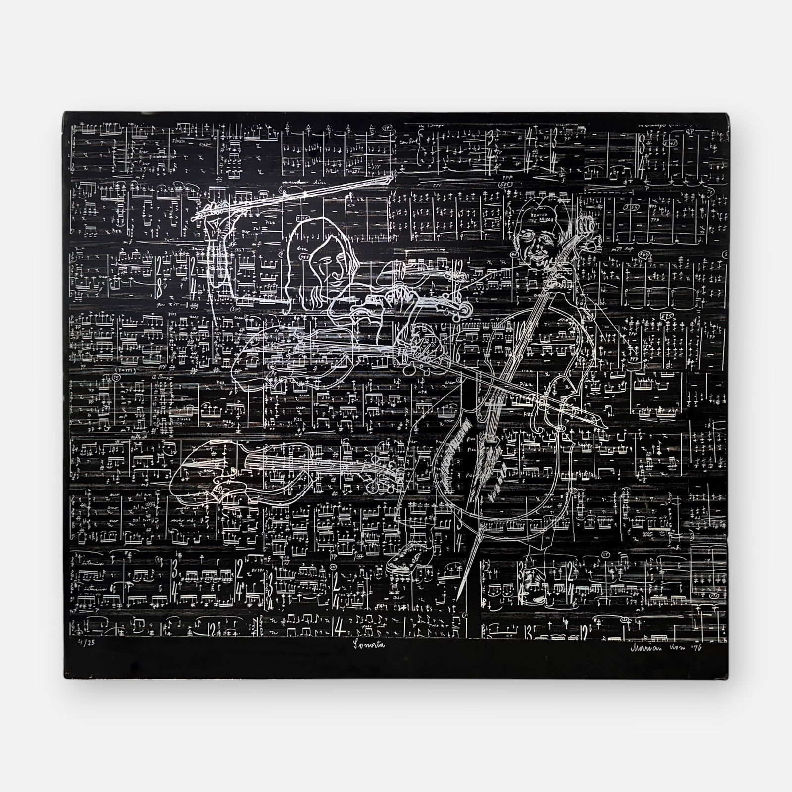 Marian Korn "Sonata" Foil Modernist Print: Signed, titled, and numbered #4/25 below image. Good overall, with surface scratching, bends to corners. Simple integrated shipping with LiveAuctioneers LiveShipping is now available. Bidders may stil