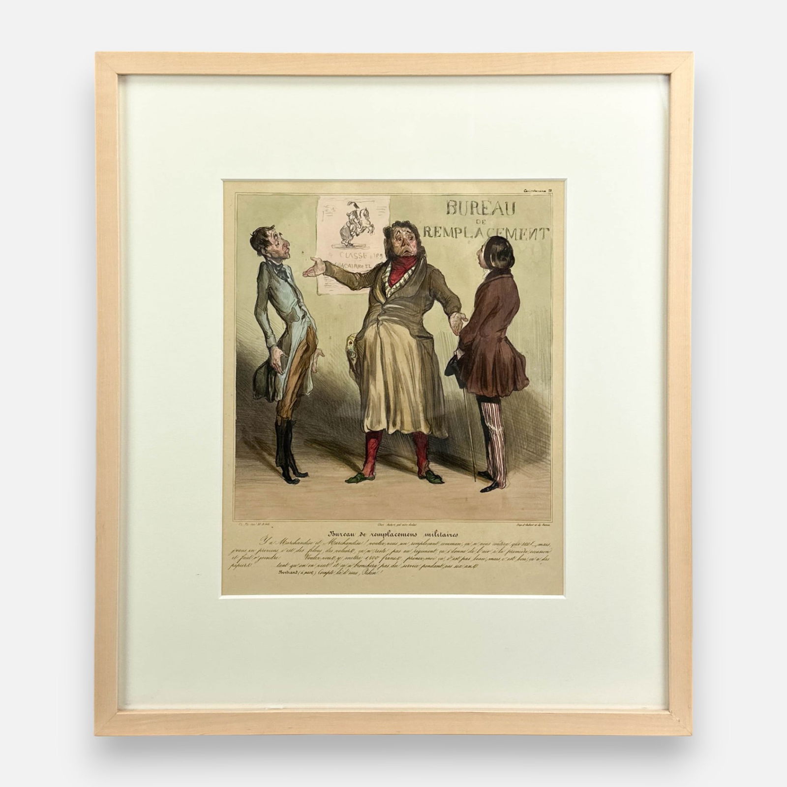 Honore Daumier "Bureau Remplacement Militaires" 1840 Hand Colored Lithograph Framed Print (1 of 8)