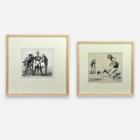 Two Honore Daumier "Actualites" Antique French Caricature Lithograph Framed Prints