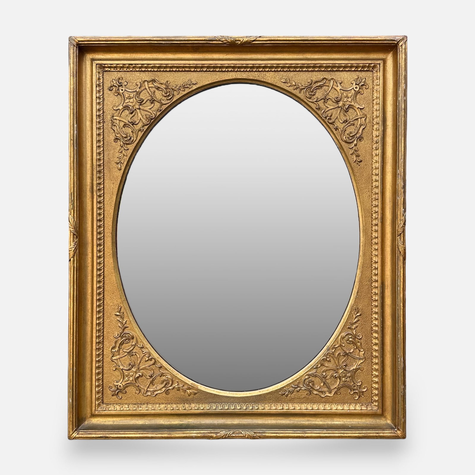Antique 19thC Grieve Co Carved Giltwood & Gesso Picture Frame Mirror w/Oval Wood Mat New York City: Ca. last quarter 19th to first quarter 20thC. Very good condition, with no apparent losses or repairs. Shows age-appropraite surface condition. Excellent original patina. Retains scarce inner wood ova