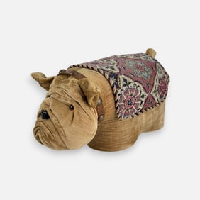 Velvet Upholstered English Bulldog Footstool Ottoman w/Tapestry Saddle