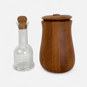Dansk Mid Century Modern Teak Wine Cooler & Glass Decanter
