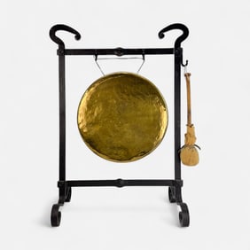 Antique Wrought Iron and Brass Standing Gong