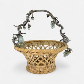Vintage Pottery Barn Large Basket w/Iron Vine Handle and Glass Fruits